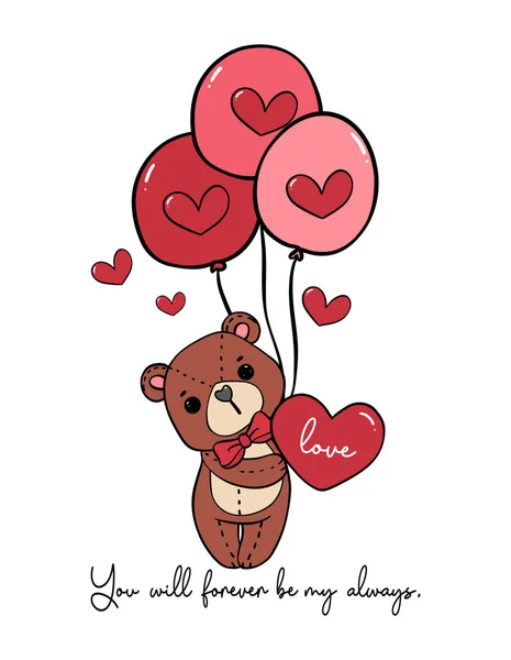 Симпатичная Невинность Романтический Медведь Тедди Красным Бантом Держать Воздушные Шары — стоковый вектор