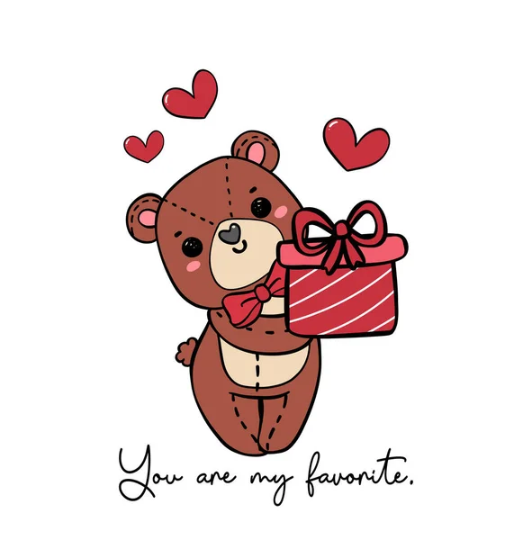 可爱的天真微笑玩具熊与红色弓持礼品盒涂鸦手绘卡通人物轮廓孤立在白色背景 — 图库矢量图片