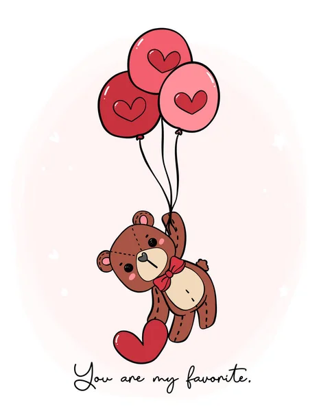 可爱的情人节玩具熊与气球心形涂鸦手绘卡通人物轮廓孤立在白色背景 — 图库矢量图片