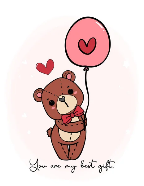 Милый Романтичный Медведь Тедди Носит Красный Бант Держать Воздушный Шар — стоковый вектор