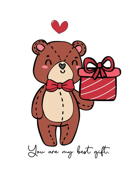 Милый Романтичный Медведь Тедди Носит Красный Лук Держать Подарочную Коробку — стоковый вектор