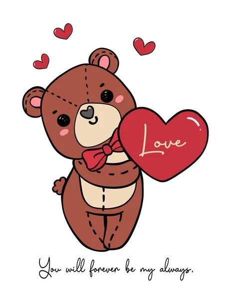 Urso Pelúcia Romântico Bonito Usa Arco Vermelho Segurar Coração Doodle — Vetor de Stock