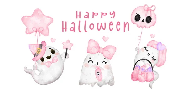 Grupo Linda Sonrisa Feliz Kawaii Fantasma Rosa Feliz Banner Halloween — Vector de stock