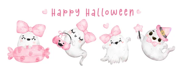 Grupo Linda Sonrisa Feliz Kawaii Fantasma Rosa Hallooween Feliz Halloween — Vector de stock