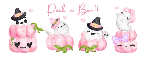 Ομάδα Χαριτωμένο Χαρούμενο Χαμόγελο Kawaii Φάντασμα Ροζ Halloween Ροζ Κολοκύθα — Διανυσματικό Αρχείο