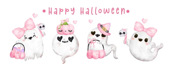 Gruppe Von Cute Happy Smile Kawaii Ghost Pink Hallooween Happy — Stockvektor