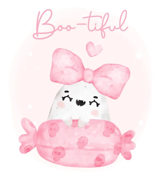 Cute Kawaii Różowy Duch Hallooween Szczęśliwy Uśmiech Kreskówka Postać Buotiful — Wektor stockowy