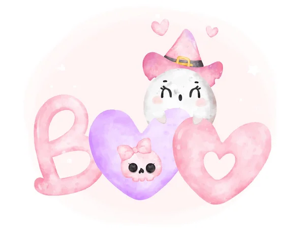 Lindo Kawaii Boo Fantasma Rosa Halloween Personaje Dibujos Animados Bootiful — Vector de stock