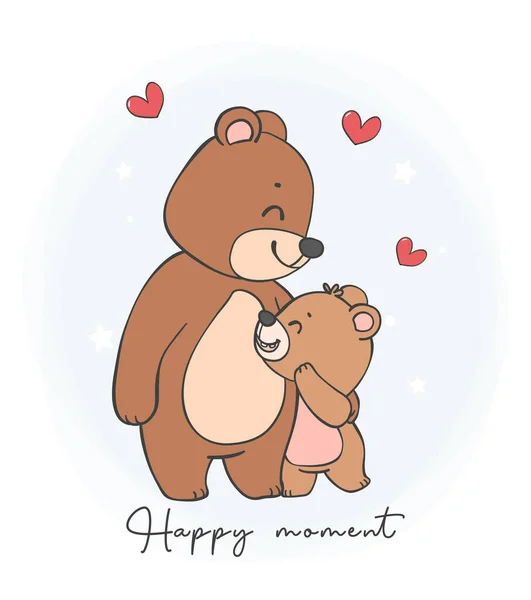 Cute Happy Father Day Teddy Bear Daddy Hugs Baby Cartoon — Stock Vector