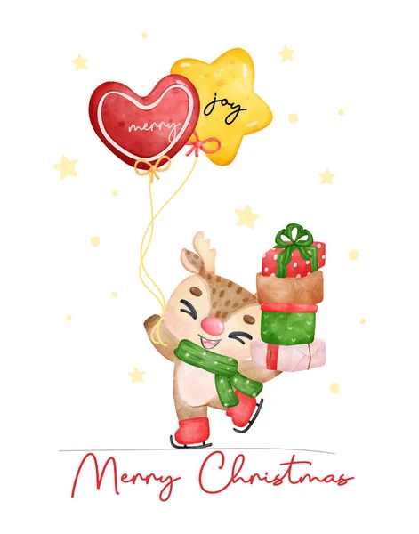 可爱快乐的圣诞驯鹿在滑冰助推器抱着包裹的礼物堆 卡通动物角色水彩画矢量图 — 图库矢量图片