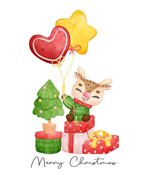 Geschenkverpackung Weihnachten Rentiere Mit Geschenken Umgeben Frohe Weihnachten Cartoon Figur — Stockvektor