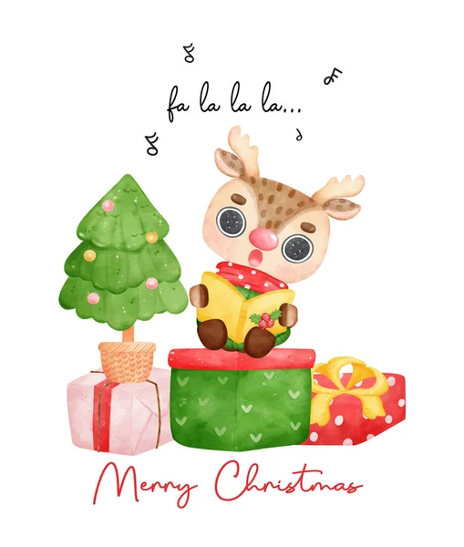 可爱的驯鹿吹奏者 圣诞驯鹿唱着歌 拿着歌本 四周都是礼物 圣诞快乐 卡通动物人物形象水彩画矢量画图 — 图库矢量图片