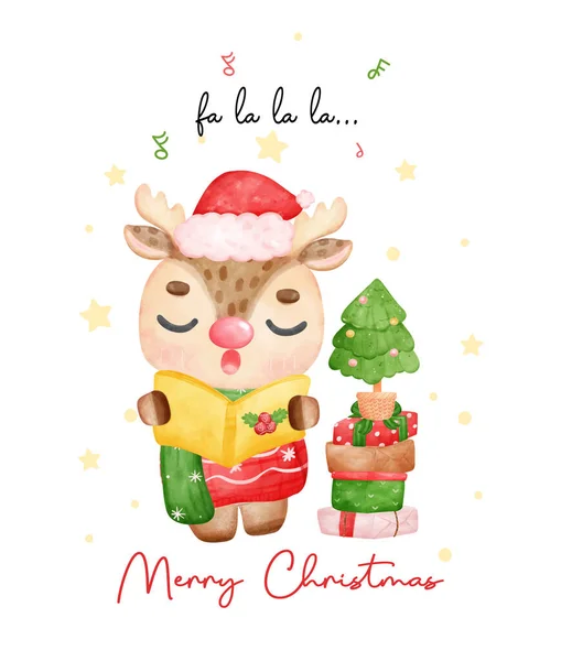 可爱的驯鹿漫画家 圣诞驯鹿唱着歌 拿着歌本 与松树和一堆堆礼物一起欢度圣诞 卡通动物人物形象水彩画矢量 — 图库矢量图片