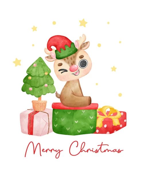 可爱快乐的圣诞驯鹿奶妈 戴着小精灵帽坐在堆叠的礼物上 卡通动物人物形象水彩画矢量画图 — 图库矢量图片
