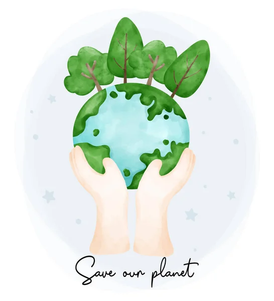 Umweltfreundlich Retten Unseren Planeten Zwei Hände Halten Ein Grünes Erdplaneten — Stockvektor