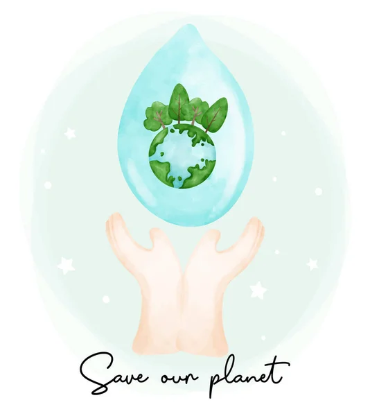 Экологически Чистые Спасают Нашу Планету Двумя Руками Держа Прозрачную Каплю — стоковый вектор