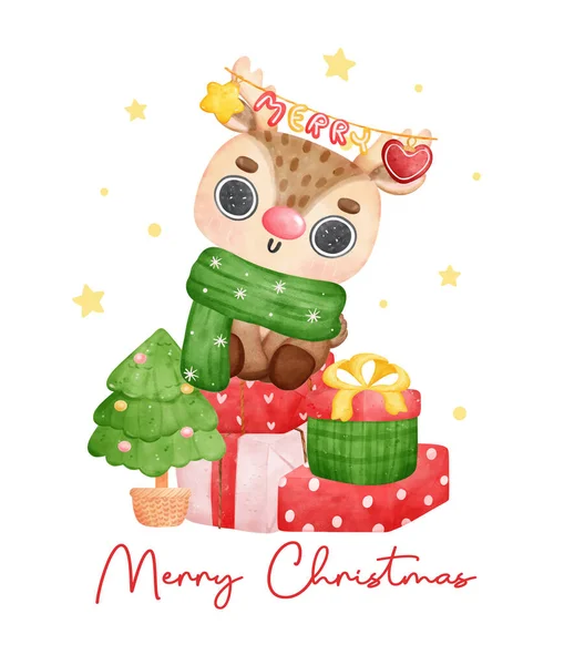 可爱快乐的圣诞驯鹿 装饰华丽挂在鹿角上 挂在一堆堆包装好的礼物上 卡通动物人物形象水彩画矢量画图 — 图库矢量图片