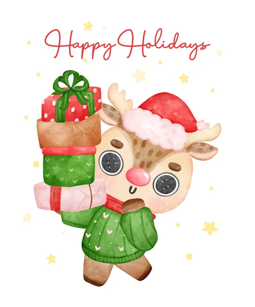 Bonito Animal Rena Natal Alegre Com Ornamentos Pendurados Chifres Desenho — Vetor de Stock
