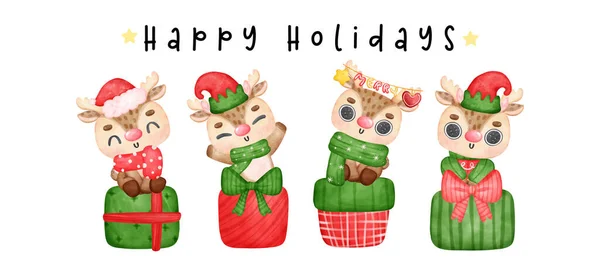 可爱快乐的圣诞驯鹿 鹿角上挂着装饰品 卡通动物人物形象水彩画矢量图 — 图库矢量图片