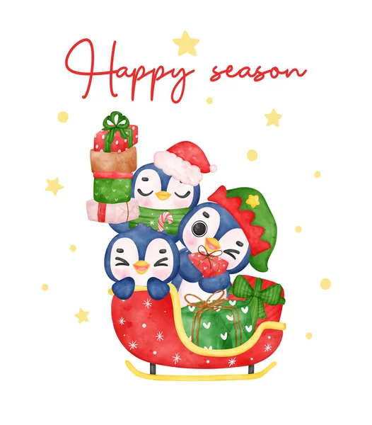 Gruppe Entzückender Cartoon Pinguine Auf Dem Weihnachtsgeschenk Schlitten Aquarell Illustration — Stockvektor