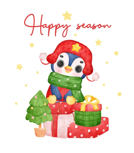 Adorable Penguin Celebra Navidad Sentado Cajas Regalo Dibujos Animados Coloridos — Vector de stock