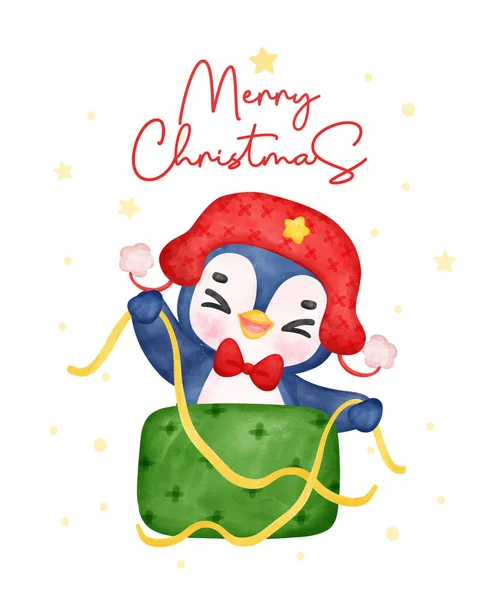 可爱可爱的企鹅宝宝包装圣诞礼盒在节日水彩画 轻松愉快的水彩画插图 完美的卡片 邀请函和装饰 — 图库矢量图片