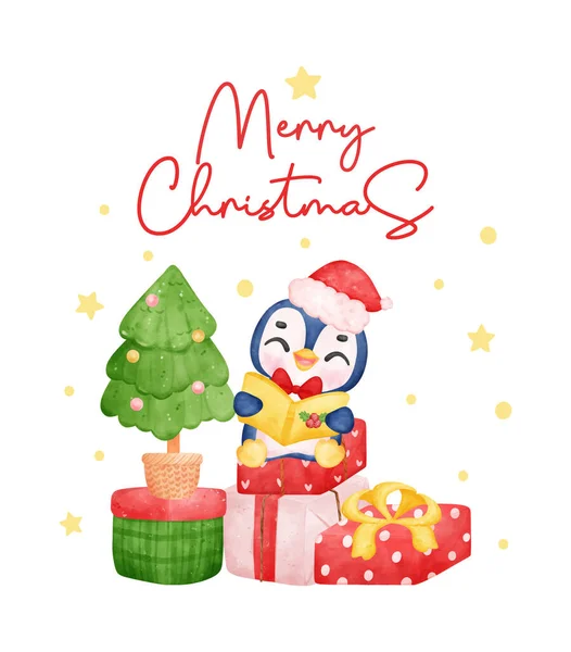 迷人的圣诞企鹅在五彩缤纷的礼盒上唱着节日歌曲 为孩子们唱着愉快的水彩画 完美的卡片 邀请函和装饰 — 图库矢量图片