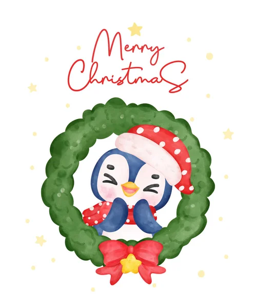 Radostný Tučňák Slaví Vánoce Slavnostním Věnci Veselé Vánoce Akvarel Karikatura — Stockový vektor