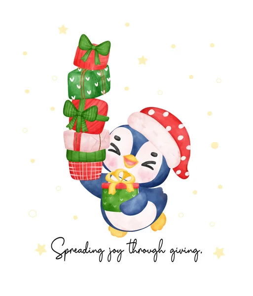 喜庆的企鹅宝宝圣诞水彩画 — 图库矢量图片