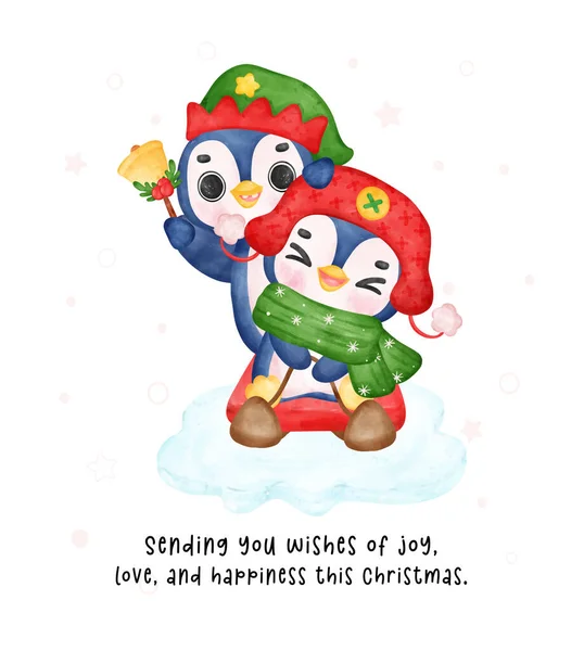 开开心心的企鹅和雪橇上的朋友 卡通水彩画圣诞插图 — 图库矢量图片