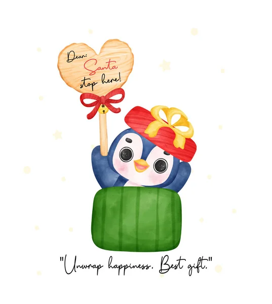 Cute Radosne Christmas Penguin Kreskówki Akwarela Santa Stop Tutaj Ilustracja — Wektor stockowy