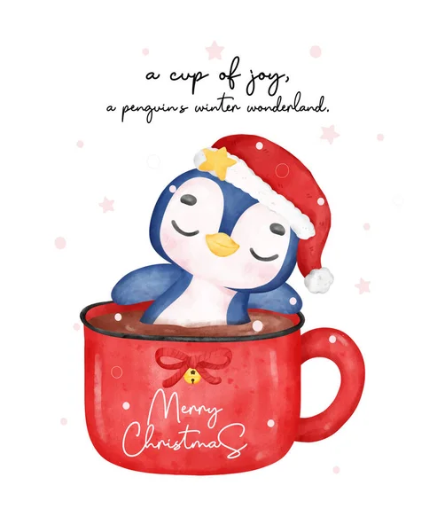 Cozy Christmas Penguin Snowing Cartoon Watercolor Cute Holiday Art — 스톡 벡터