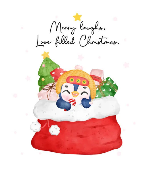 Mignon Pingouin Noël Santa Sack Avec Des Cadeaux Happy Aquarelle — Image vectorielle
