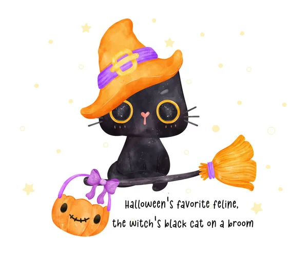 Cerebrar Halloween Con Lindo Gato Negro Con Sombrero Bruja Volando — Vector de stock