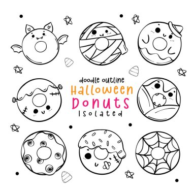 Tatlı Cadılar Bayramı Donutu, tatlı kostüm seti. Kawaii Festivali ve komik çizgi film el çizimi Vektör İllüstrasyonu