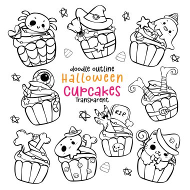 Tatlı Cadılar Bayramı Cupcake Kostüm Seti. Kawaii Festivali ve komik çizgi film el çizimi Vektör İllüstrasyonu