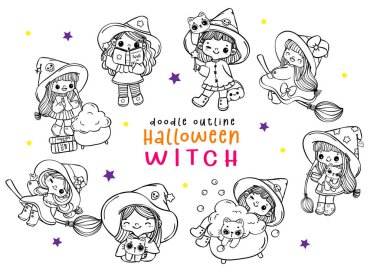 Tatlı Cadılar Bayramı Cadısı Cadı Kostümü Cadı Karakteri Fantezi Fantezi Fantezi Kaprisli El Çizimi Çizim Çizimi Arkaplan üzerinde izole edilmiş çizgi film vektörü