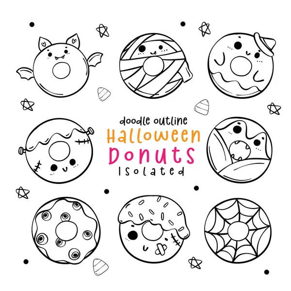 Tatlı Cadılar Bayramı Donutu, tatlı kostüm seti. Kawaii Festivali ve komik çizgi film el çizimi Vektör İllüstrasyonu