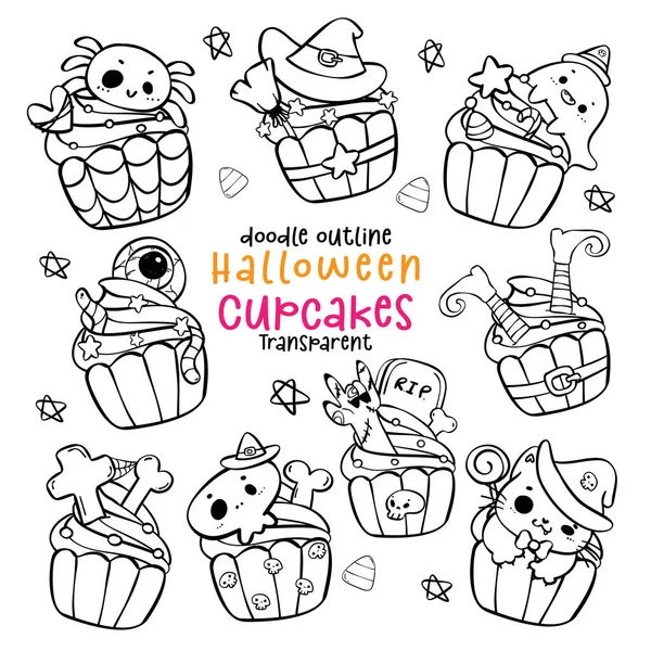 Tatlı Cadılar Bayramı Cupcake Kostüm Seti. Kawaii Festivali ve komik çizgi film el çizimi Vektör İllüstrasyonu