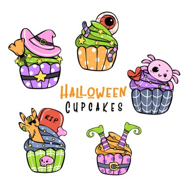Sevimli canlı Cadılar Bayramı Cupcake Kek Çizimi Renkli bir el çizimi