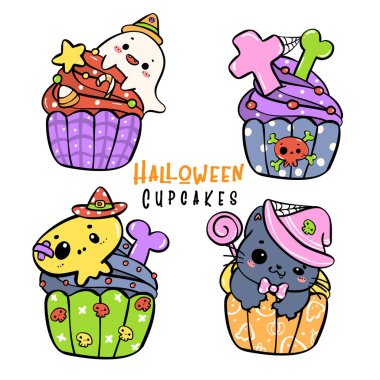 Sevimli canlı Cadılar Bayramı Cupcake Kek Çizimi Renkli bir el çizimi