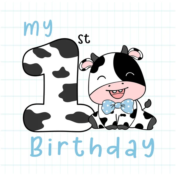 Cheerful First Birthday Cow Boy Toddler Number Birthday Doodle Cartoon — Stock Vector