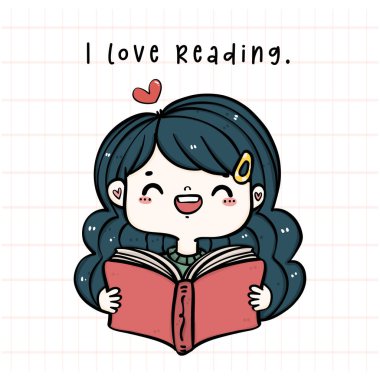 Neşeli bir tebessüm kitap kurdu kız Çizgi filmlerde Doodle 'ı basit ve parlak bir şekilde çiziyor..
