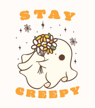 Çiçekli şirin Cadılar Bayramı hayaleti, kawaii Retro çiçekli süslü hayaleti, ürkütücü kal, karikatür çizimi çizimi çizim fikri tebrik kartı, gömlek tasarımı ve el sanatları..