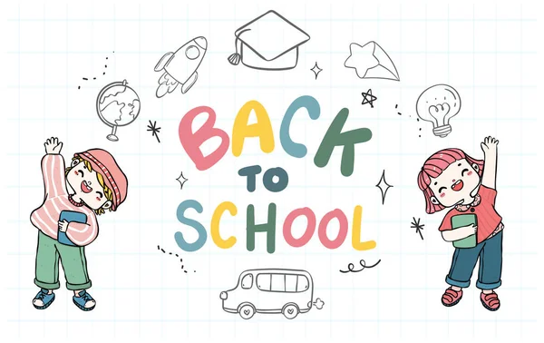 Zpět Školy Cartoon Banner Roztomilými Doodle Studentů Knih — Stockový vektor