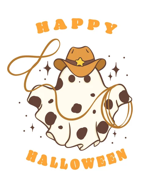 Cute Halloween Cowboy Ghost Adorable Kawaii Cartoon Doodle Illustration Happy — Stock Vector