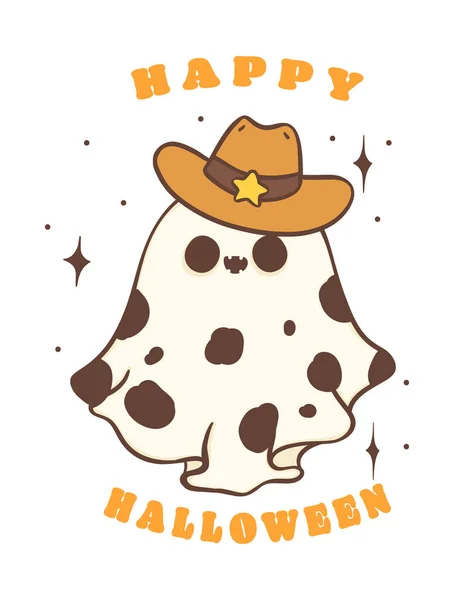 Halloween Cowboy Ghost Lindo Kawaii Dibujos Animados Doodle Ilustración — Vector de stock