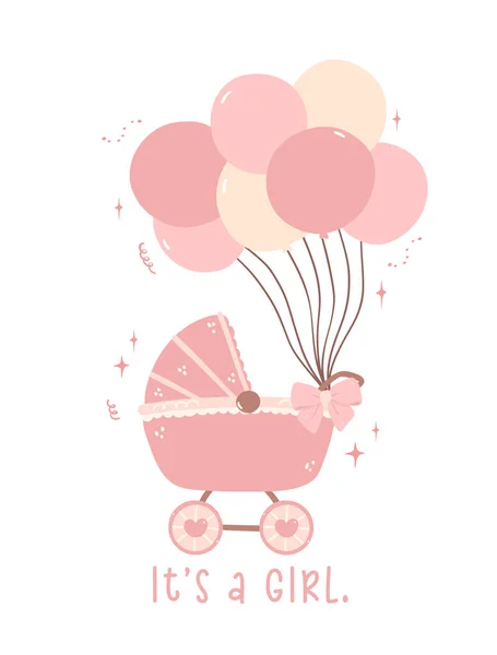 Cute Baby Girl Prysznic Zaproszenie Karty Różowym Wózkiem Balonów Świętuj — Wektor stockowy