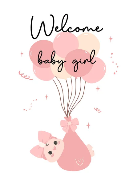 Cute Baby Girl Prysznic Zaproszenie Karta Cute Hand Drawn Balloons — Wektor stockowy