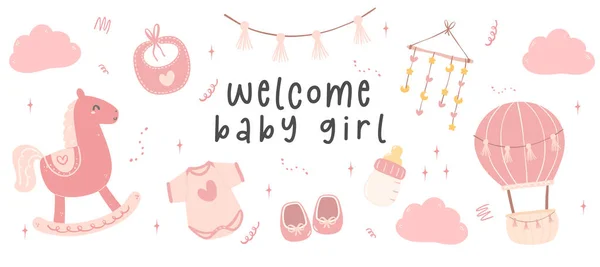 Cute Baby Girl Prysznic Różowy Witamy Dziewczynkę Uroczym Noworodka Akcesoria — Wektor stockowy